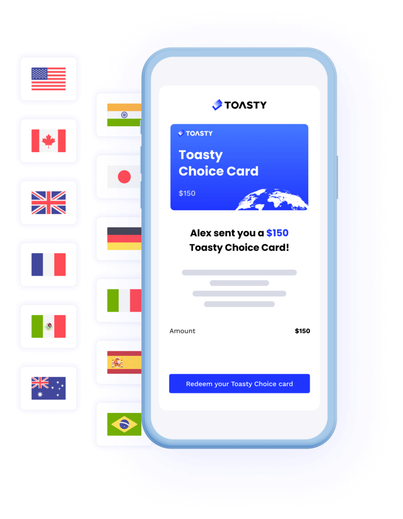 Toasty Choice Card showing the large amount of redemption options for recipients