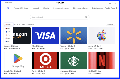 Toasty Choice Card gift card options including Amazon, Visa, Walmart and more.