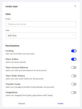 Invite user feature on Toasty - digital gift card service