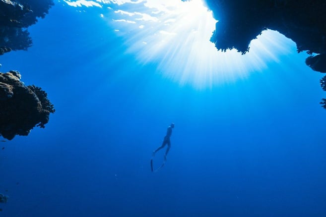 a human male free swimming under the water, signifying an experience which can be a last minute gift idea for someone who has everything