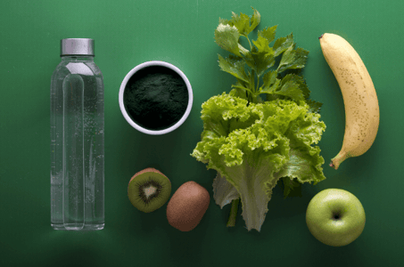 assorted fruits and vegetables on green background