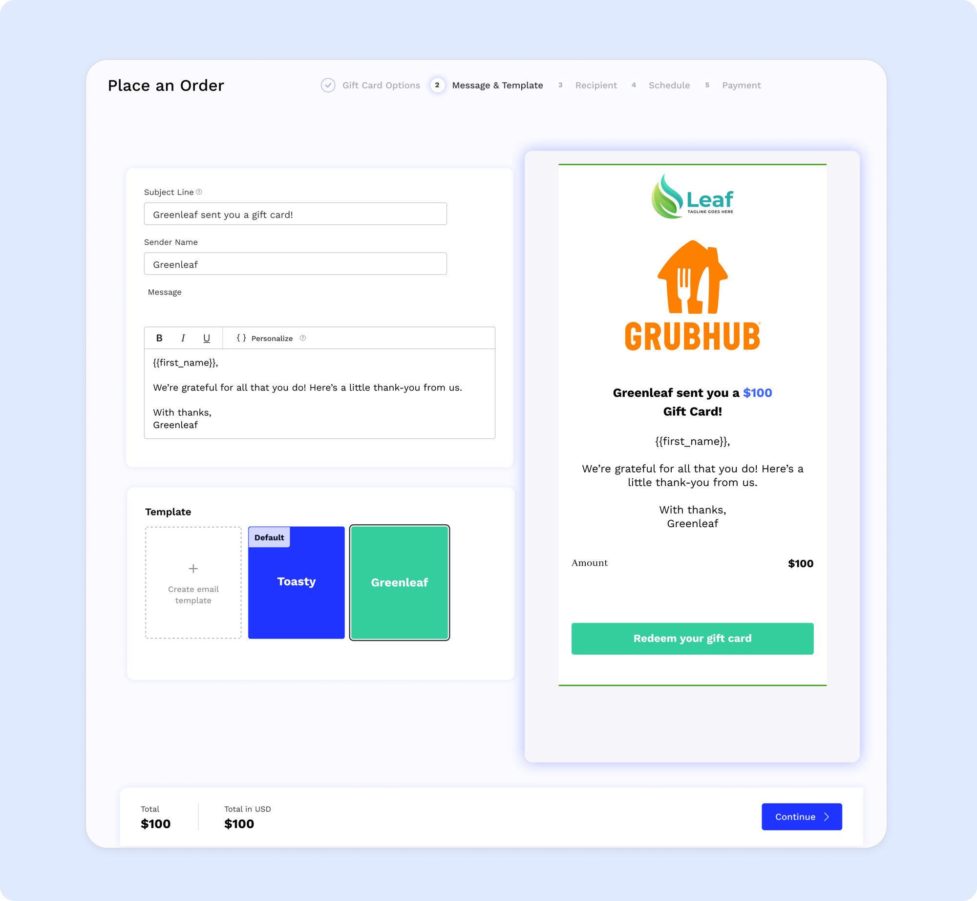 bulk grubhub gift card customization