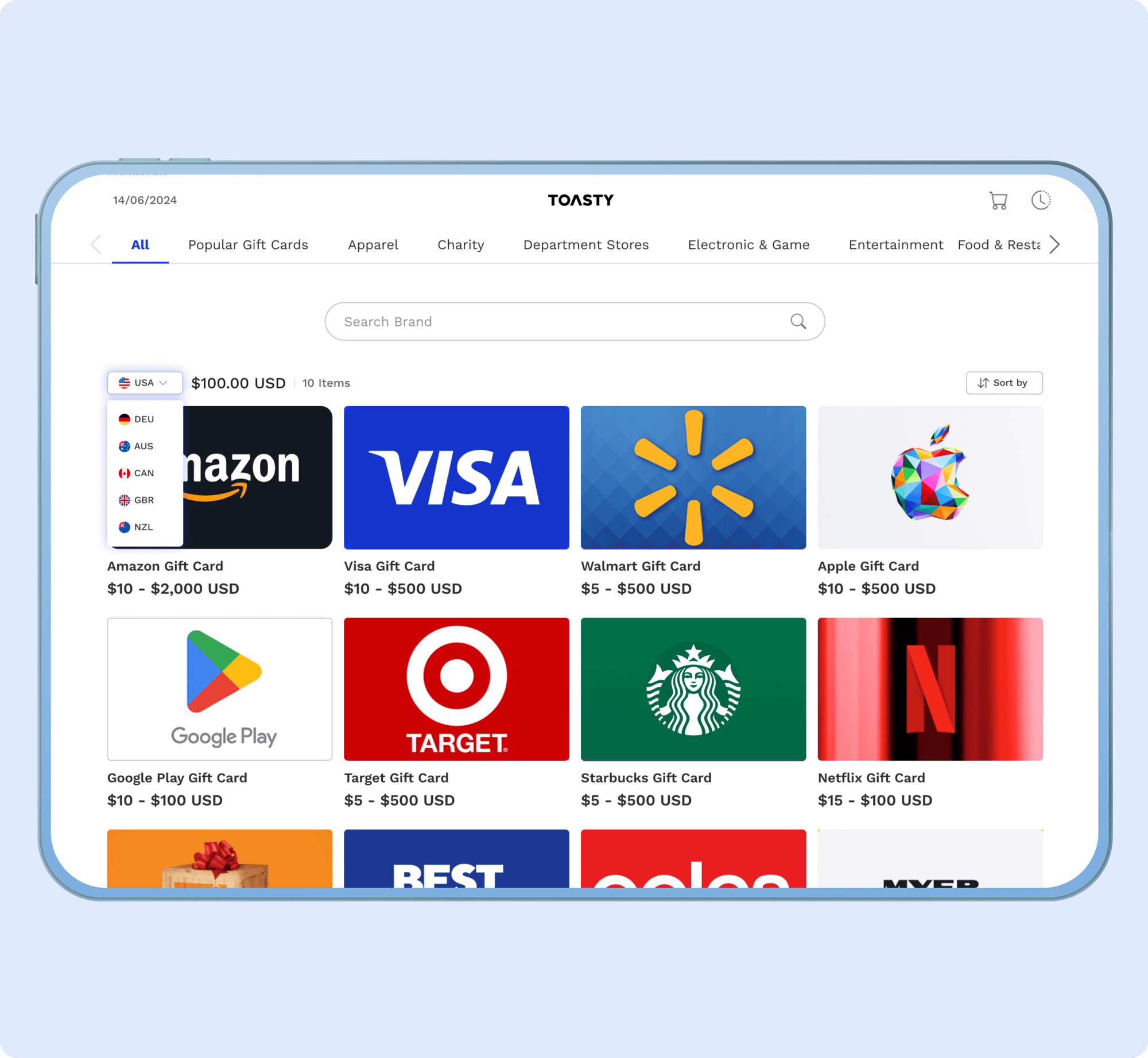 toasty choice card shopping page